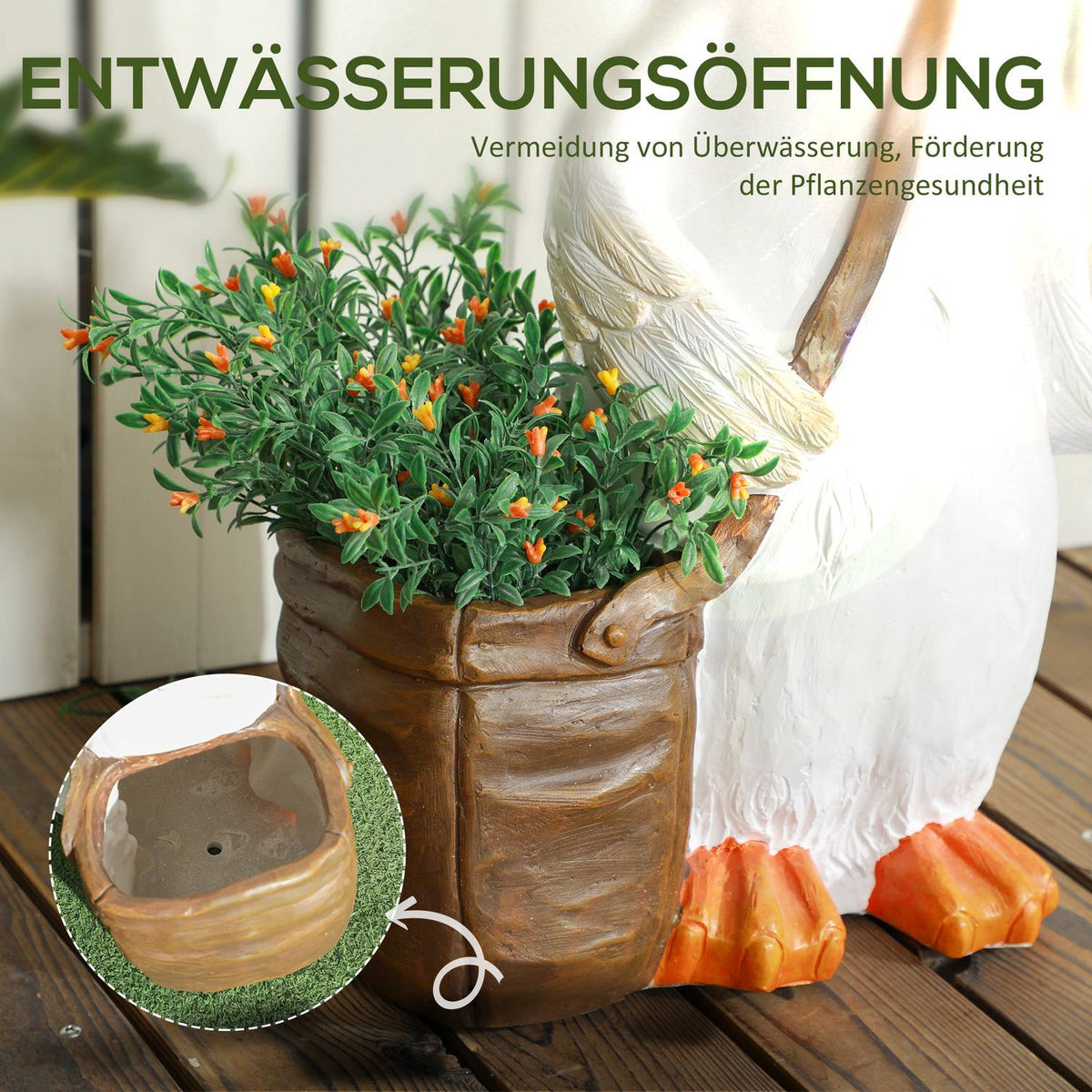 Plant Pot "Swan With School Bag" Design, Planter With Drainage Hole, For Indoor & Outdoor, Resin