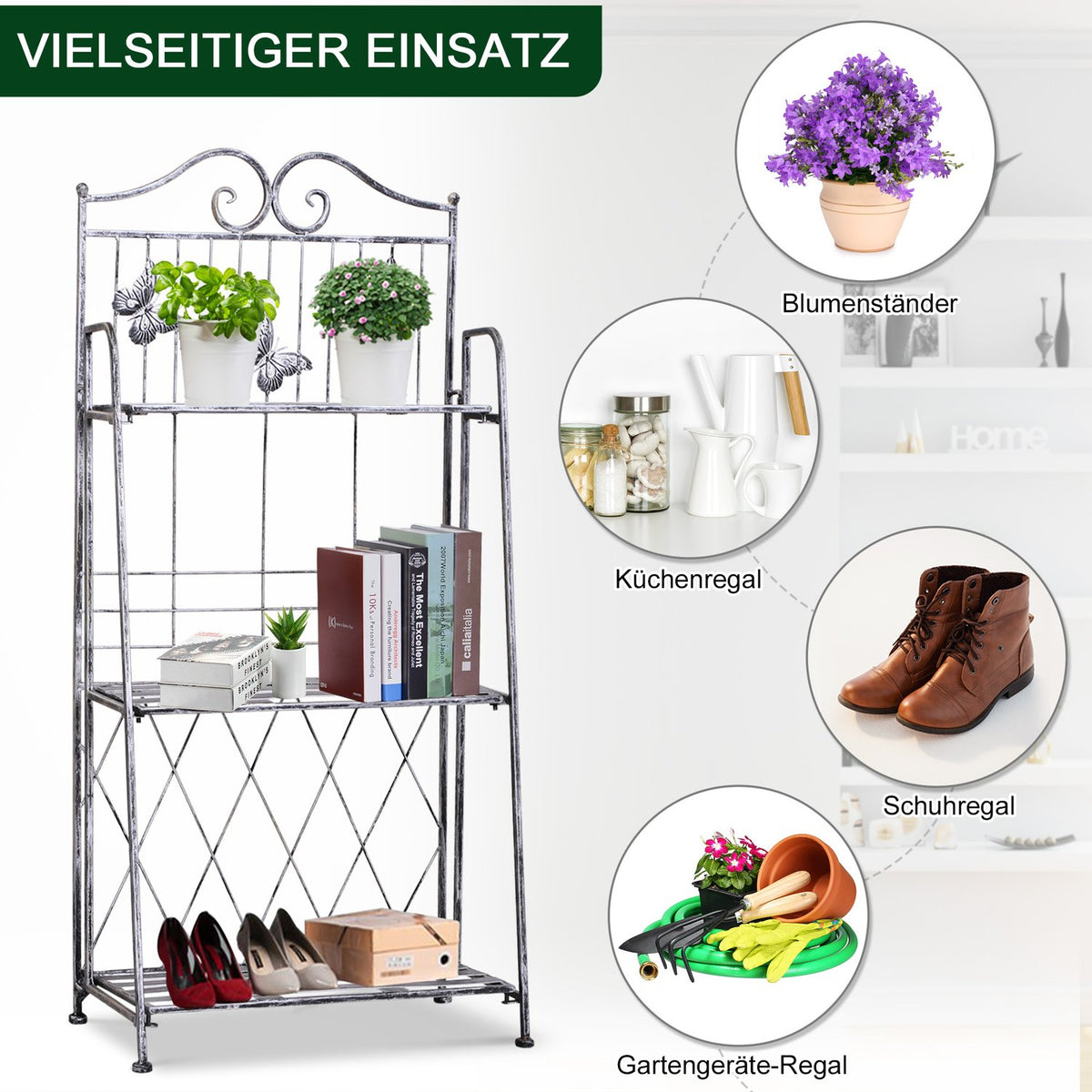 Plant Rack Metal Flower Stand With 3 Levels, Flower Stairs For Garden, Silver Gray, 44X25X96Cm