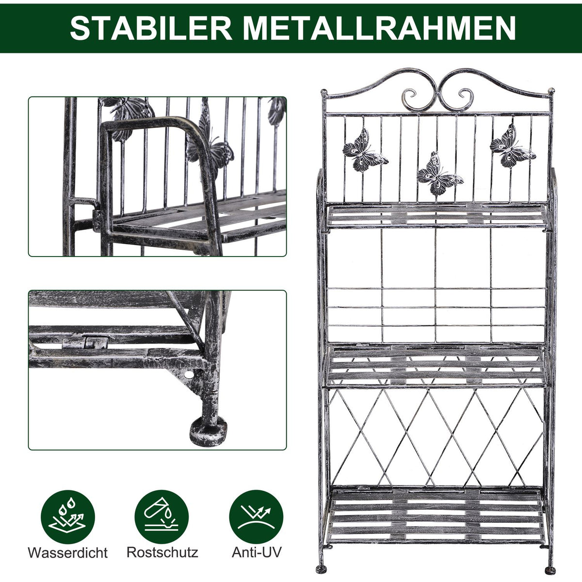 Plant Rack Metal Flower Stand With 3 Levels, Flower Stairs For Garden, Silver Gray, 44X25X96Cm