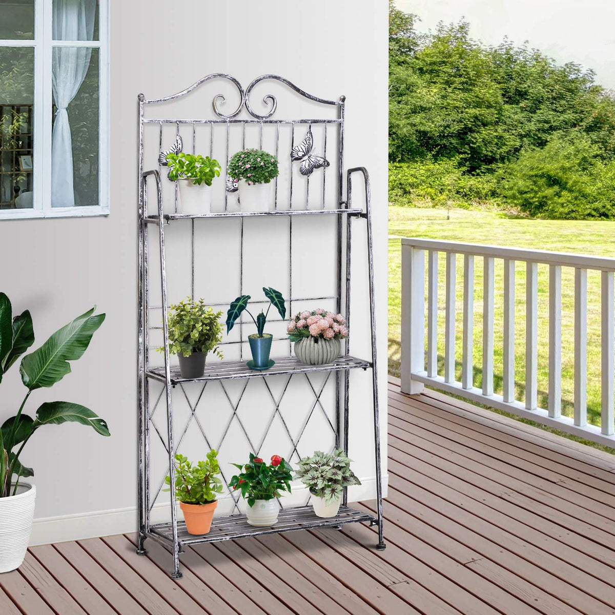 Plant Rack Metal Flower Stand With 3 Levels, Flower Stairs For Garden, Silver Gray, 44X25X96Cm