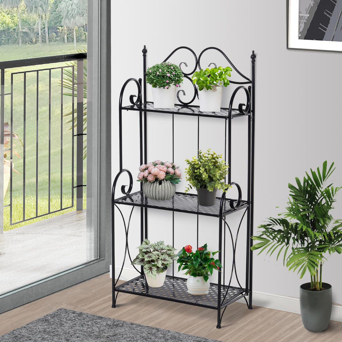 Plant Shelf Flower Stairs With 3 Shelves, Metal, Black, 56X30X114Cm