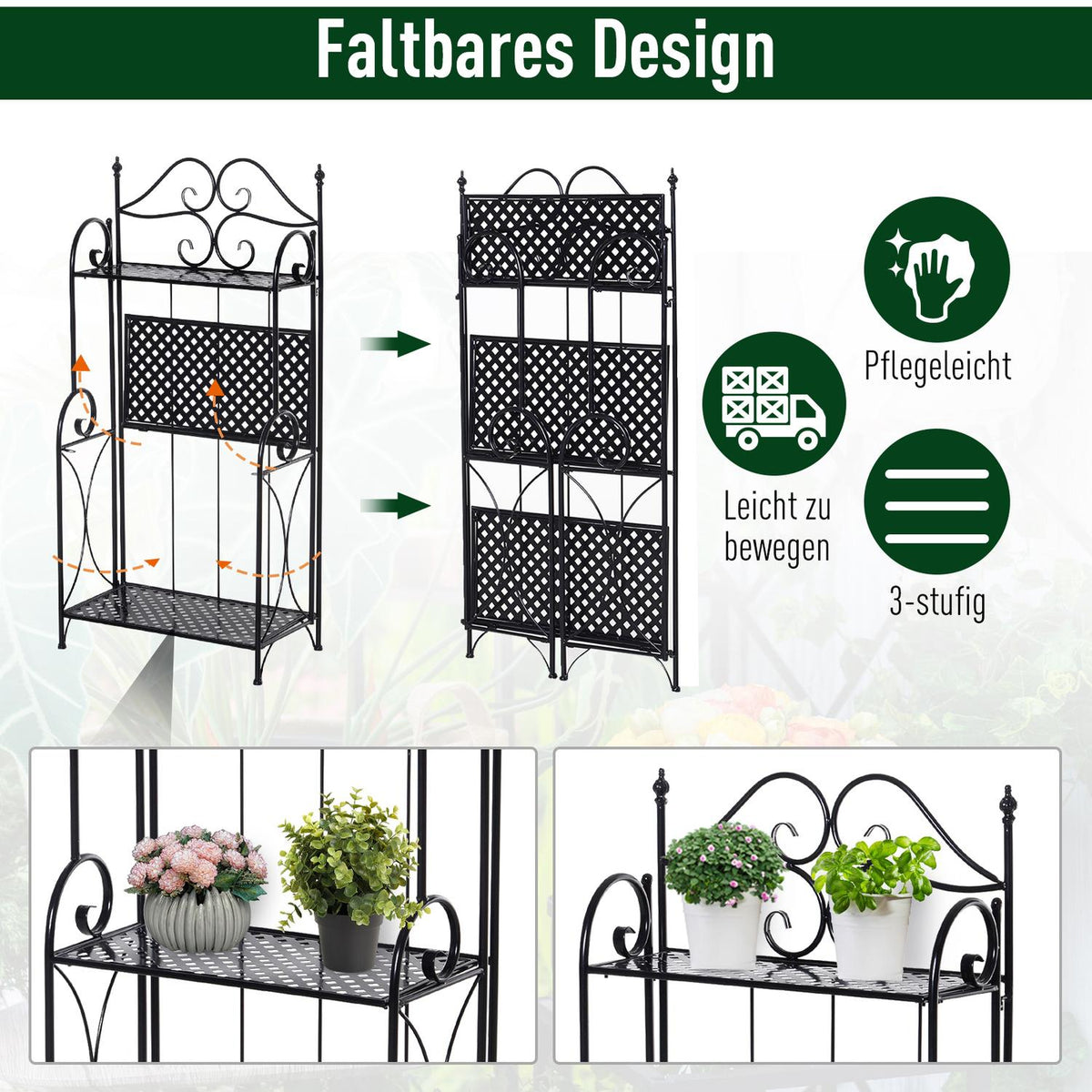 Plant Shelf Flower Stairs With 3 Shelves, Metal, Black, 56X30X114Cm