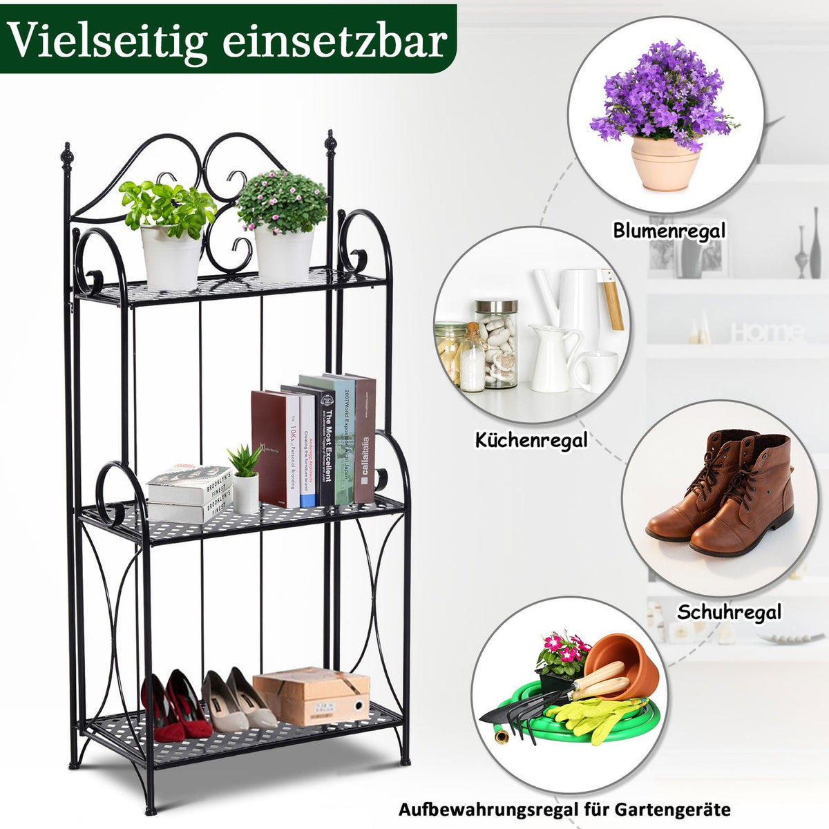 Plant Shelf Flower Stairs With 3 Shelves, Metal, Black, 56X30X114Cm