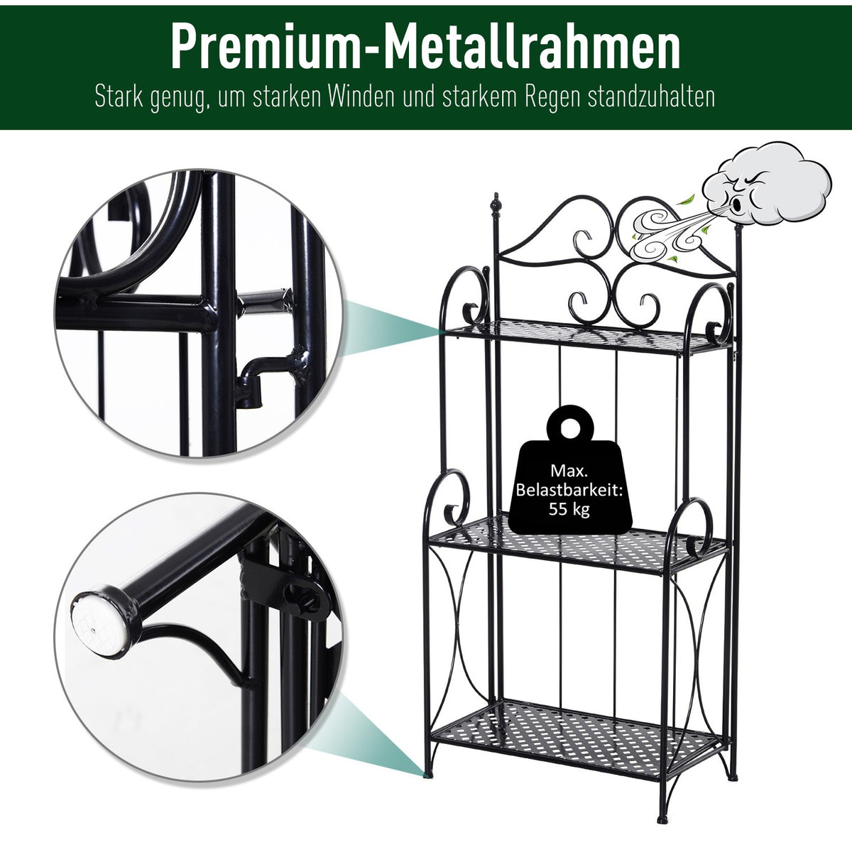 Plant Shelf Flower Stairs With 3 Shelves, Metal, Black, 56X30X114Cm