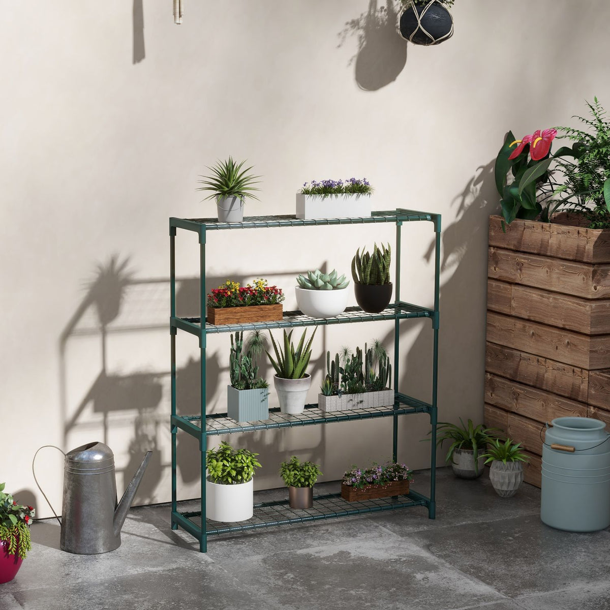 Plant Shelf, Flower Stand With 4 Tier Flower Shelf, Plant Stand For Garden, Balcony, Steel, Dark Green, 89 X 28 X 107 Cm