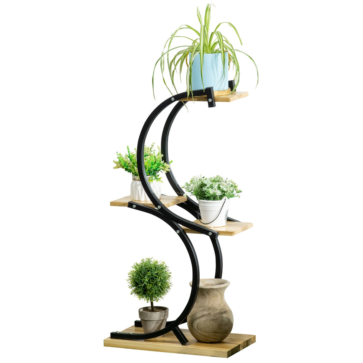 Plant Shelf S-Shaped 4-Tier Flower Stairs, Plant Stand With Metal Frame, Solid Wood, Black, 46X25X91Cm