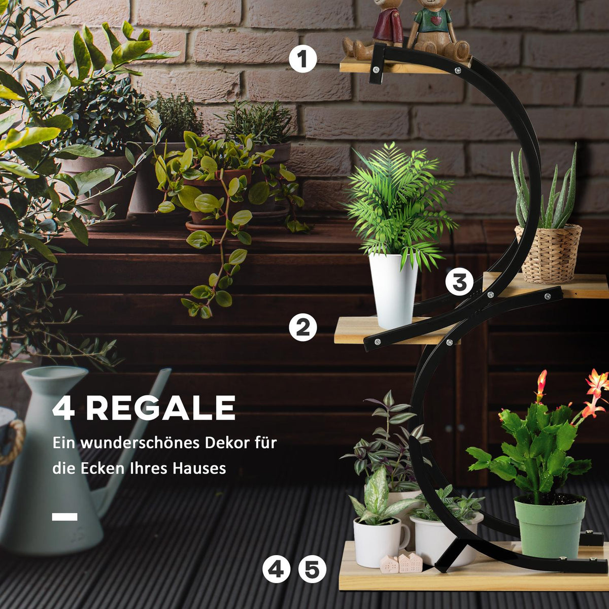 Plant Shelf S-Shaped 4-Tier Flower Stairs, Plant Stand With Metal Frame, Solid Wood, Black, 46X25X91Cm