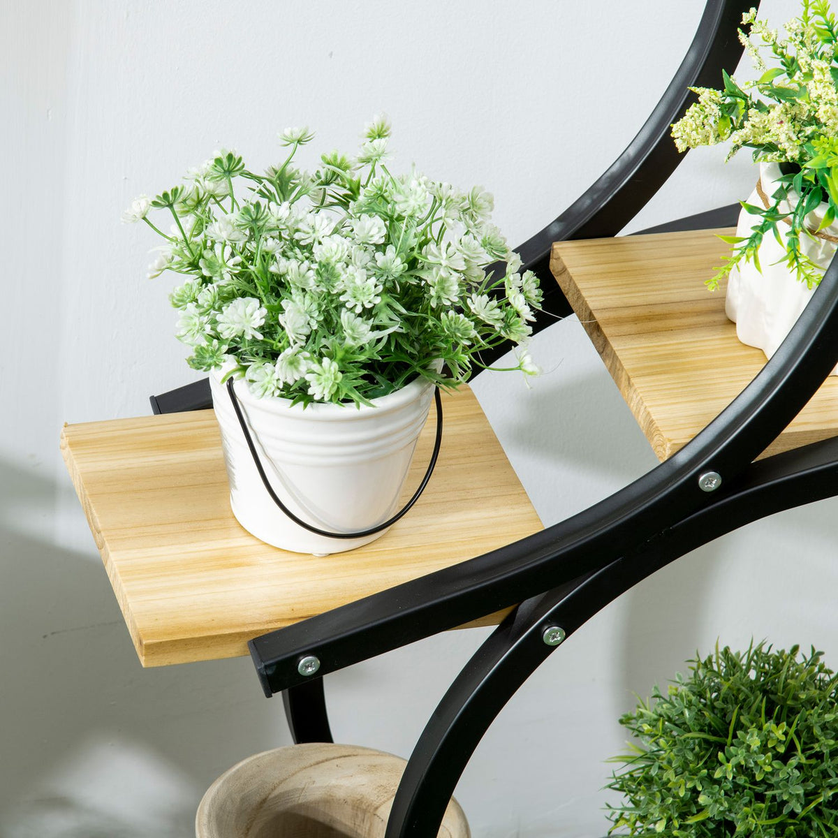 Plant Shelf S-Shaped 4-Tier Flower Stairs, Plant Stand With Metal Frame, Solid Wood, Black, 46X25X91Cm