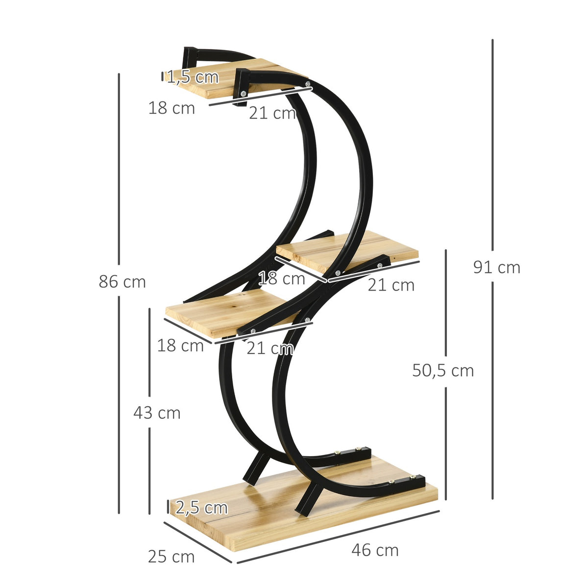 Plant Shelf S-Shaped 4-Tier Flower Stairs, Plant Stand With Metal Frame, Solid Wood, Black, 46X25X91Cm