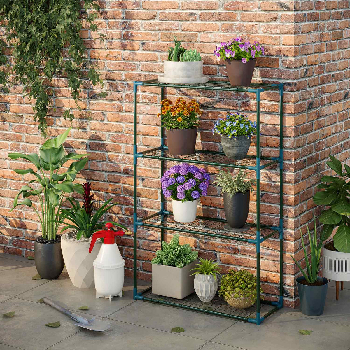 Plant Shelf Set Of 2 4 Tier Flower Pot Holders For Balcony/Garden, Steel, Green, 70X27X110Cm