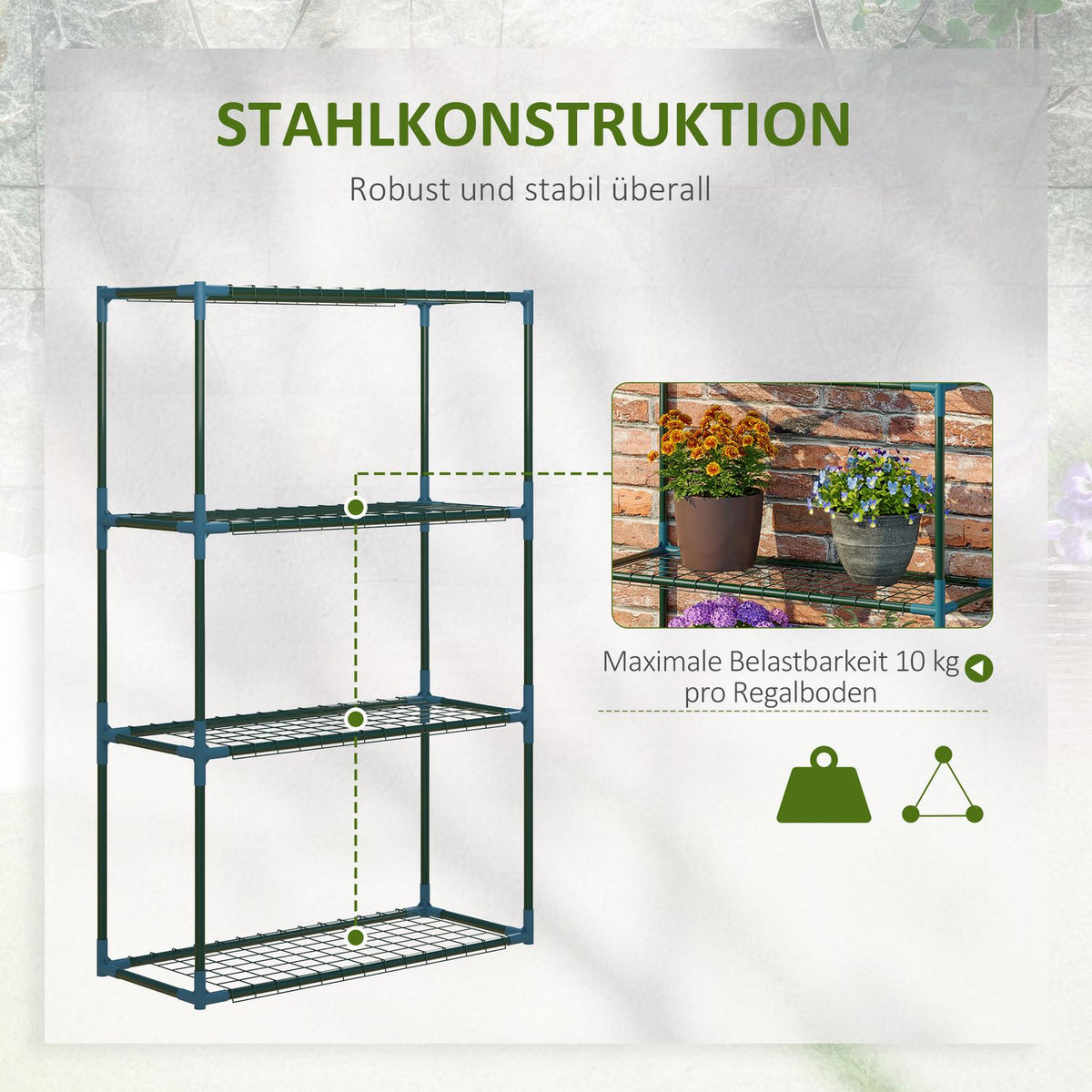 Plant Shelf Set Of 2 4 Tier Flower Pot Holders For Balcony/Garden, Steel, Green, 70X27X110Cm