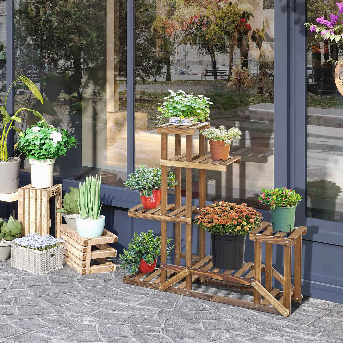 Plant Shelf Solid Wood Flower Stand With 6 Levels, Charred, 98X28X96.5Cm, For Garden & Balcony