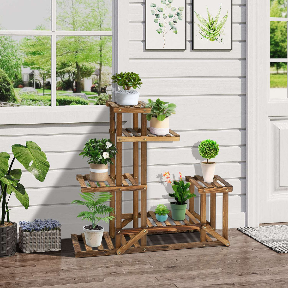 Plant Shelf Solid Wood Flower Stand With 6 Levels, Charred, 98X28X96.5Cm, For Garden & Balcony