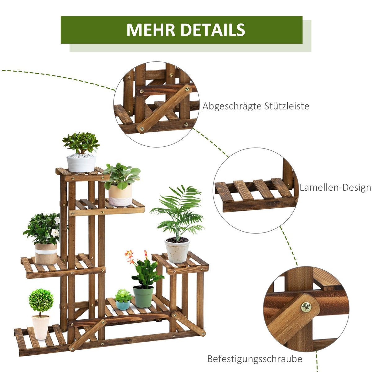 Plant Shelf Solid Wood Flower Stand With 6 Levels, Charred, 98X28X96.5Cm, For Garden & Balcony