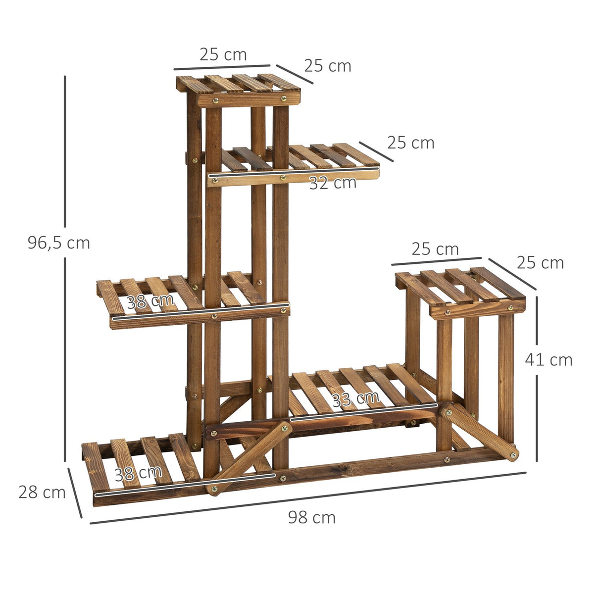 Plant Shelf Solid Wood Flower Stand With 6 Levels, Charred, 98X28X96.5Cm, For Garden & Balcony