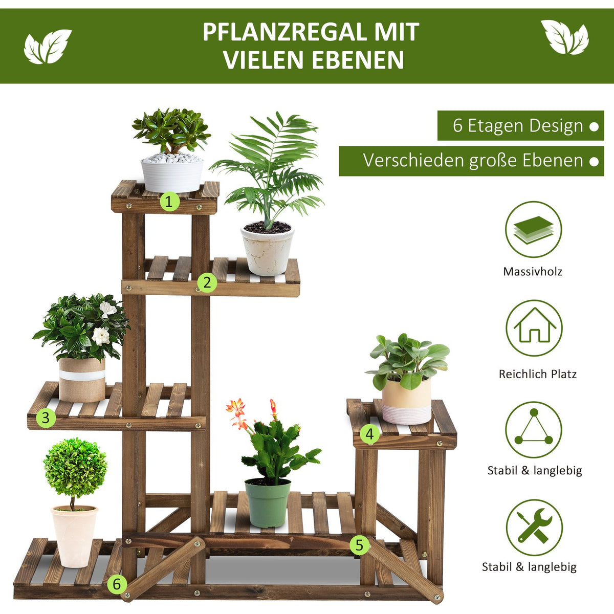 Plant Shelf Solid Wood Flower Stand With 6 Levels, Charred, 98X28X96.5Cm, For Garden & Balcony