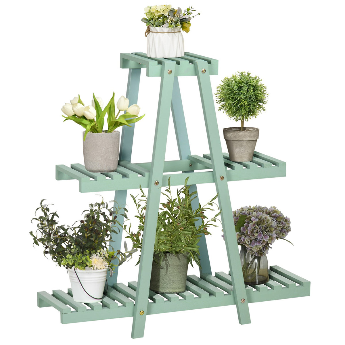Plant Shelf With 3 Steps Flower Shelf For 6 Flower Pots, Plant Stairs For Garden, Wood, Light Green, 76X26X76Cm