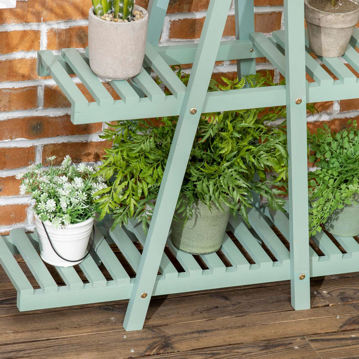 Plant Shelf With 3 Steps Flower Shelf For 6 Flower Pots, Plant Stairs For Garden, Wood, Light Green, 76X26X76Cm