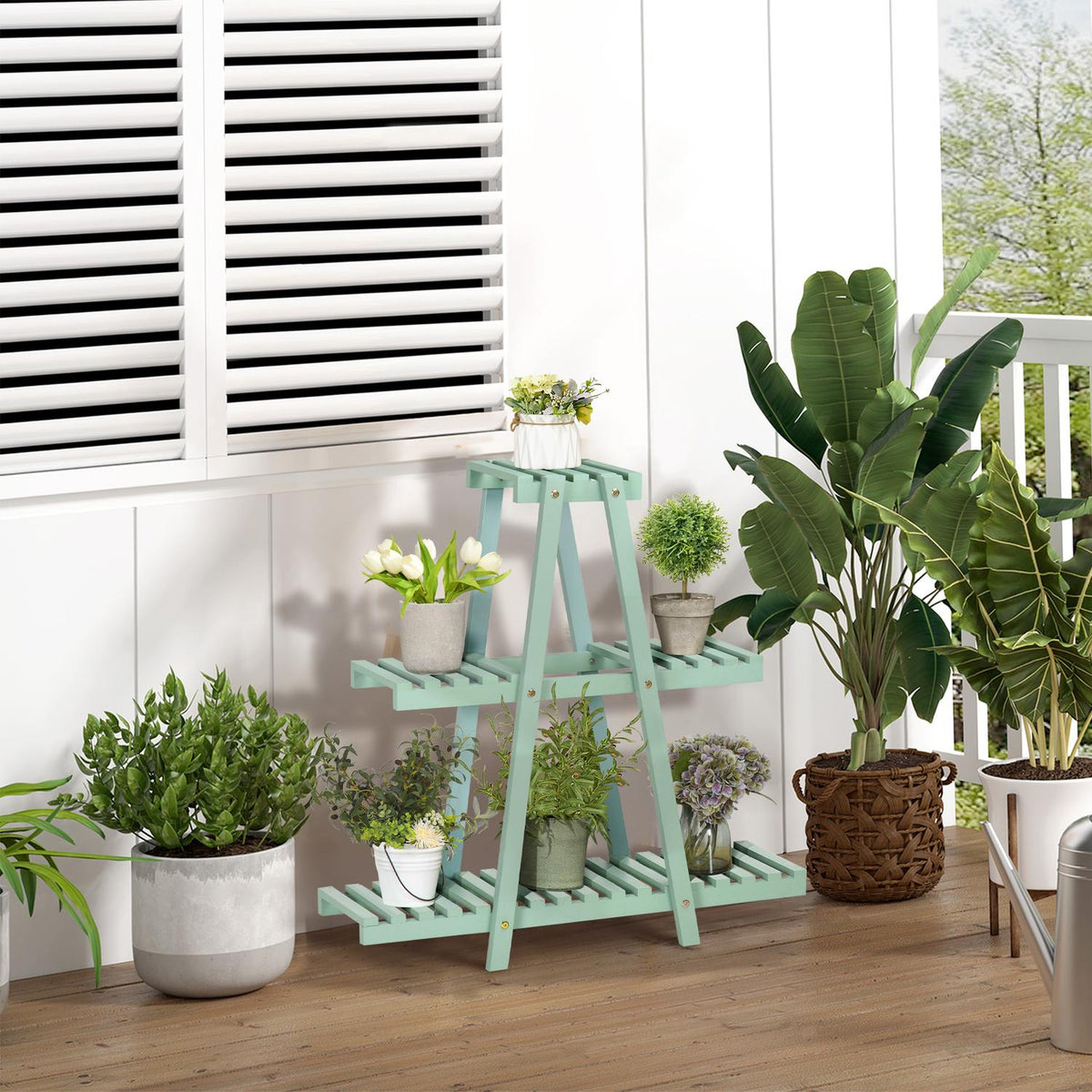 Plant Shelf With 3 Steps Flower Shelf For 6 Flower Pots, Plant Stairs For Garden, Wood, Light Green, 76X26X76Cm