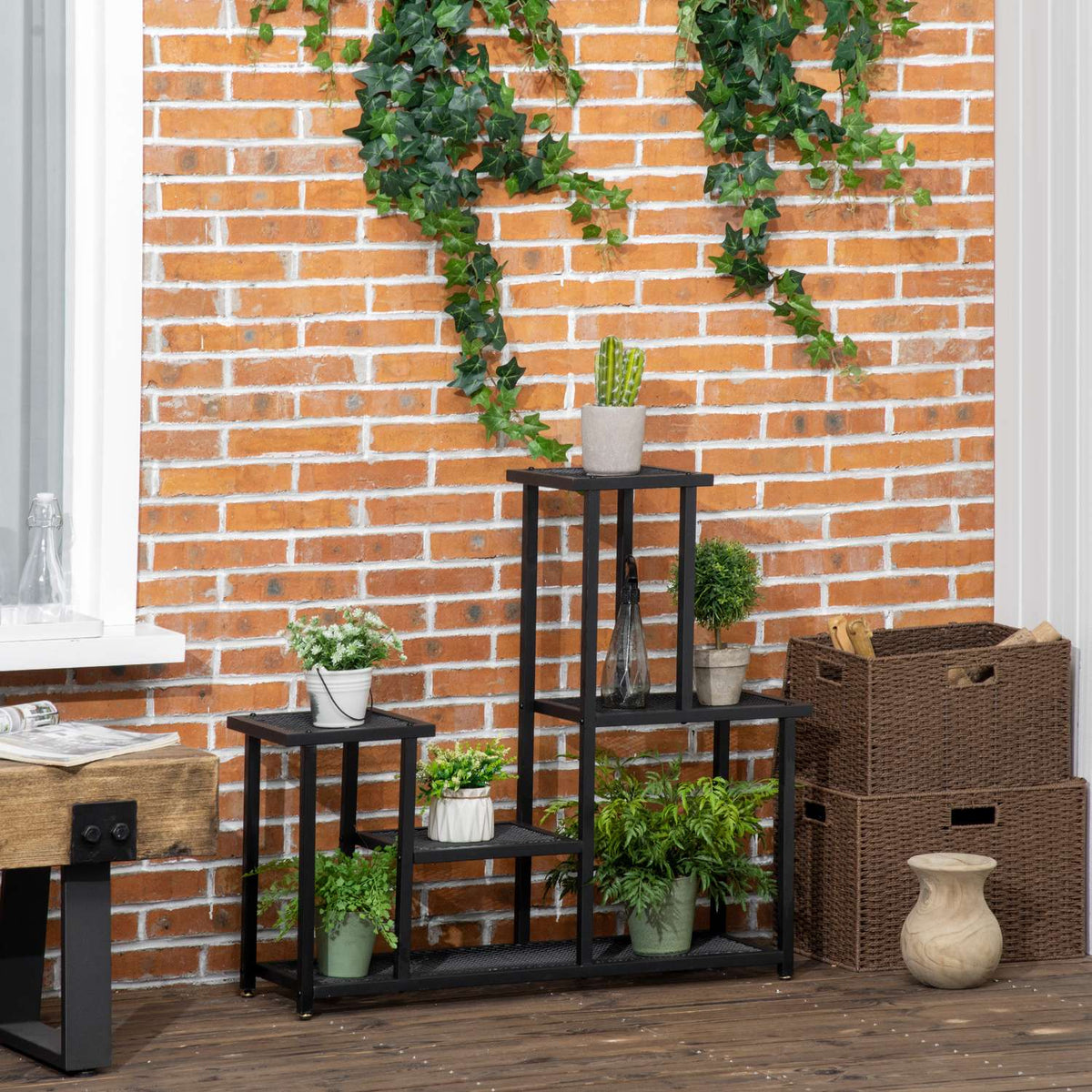 Plant Shelf With 4 Tiers Multi-Tier Flower Shelf Plant Stand For Garden Balcony Metal Black 91X25X83Cm
