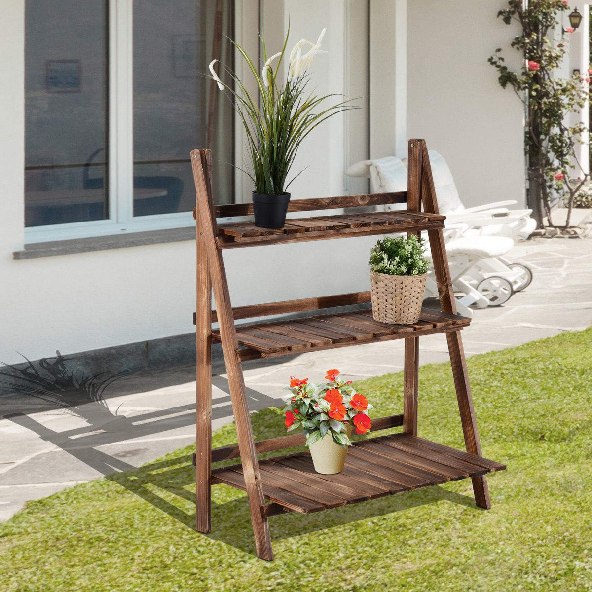 Plant Stairs Flower Bench Flower Stairs Flower Shelf Plant Shelf Flower Stand 3 Steps Fir Wood Dark Brown 80 X 37 X 93 Cm
