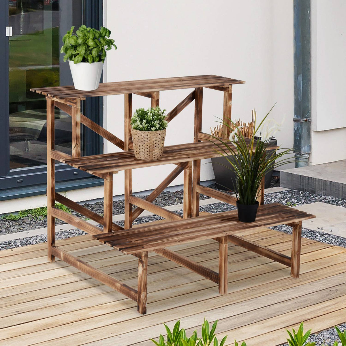 Plant Stairs Flower Stairs Flower Shelf 3 Steps Made of Fir Wood 100 x 80 x 78cm for Garden Balcony & Terrace