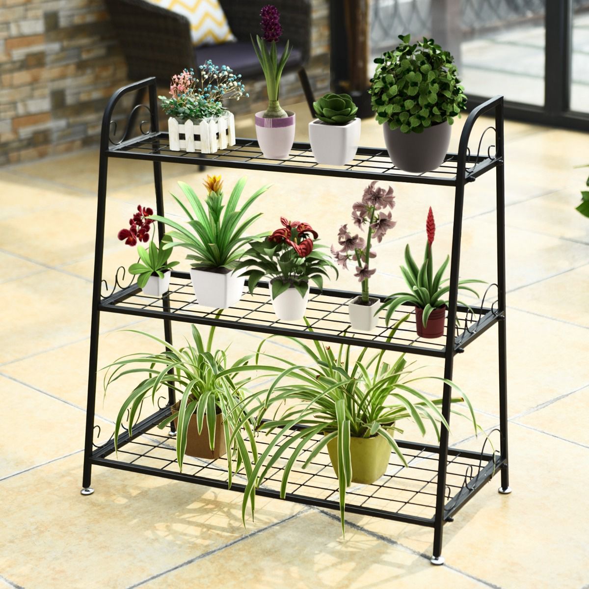 Plant Stand, 3-Tier Metal, Adjustable Feet, Indoor Outdoor