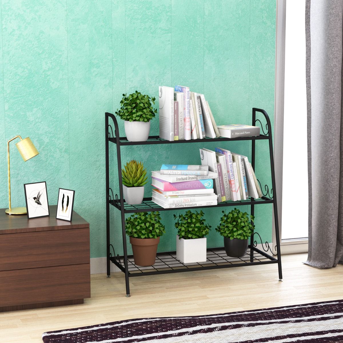 Plant Stand, 3-Tier Metal, Adjustable Feet, Indoor Outdoor