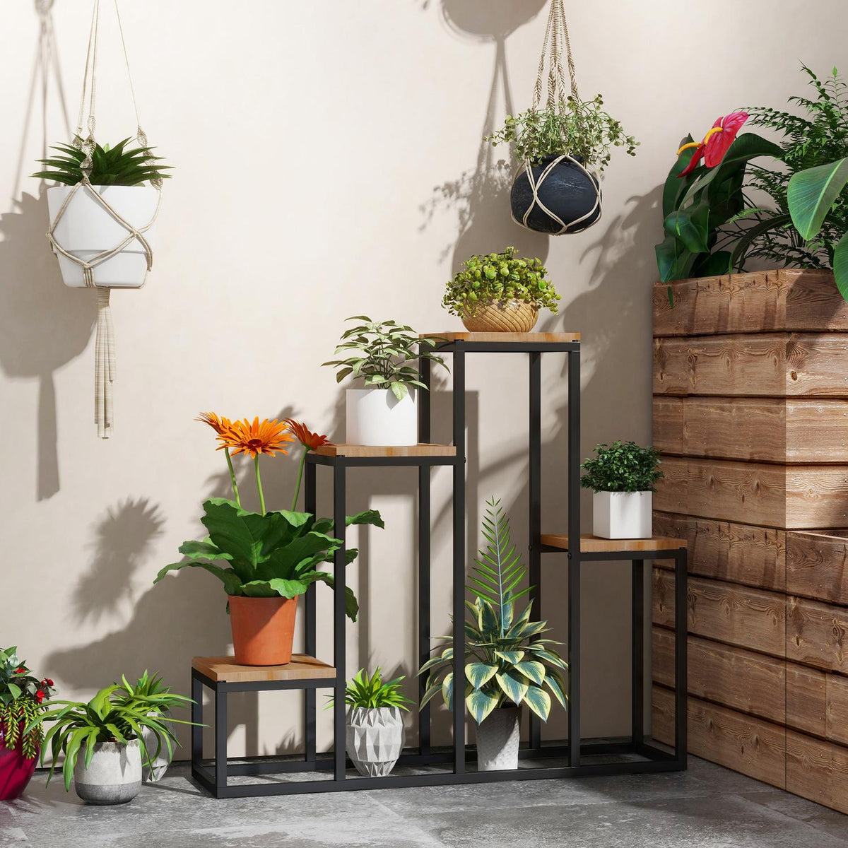 Plant Stand, Flower Shelf With 4 Tiers, Plant Shelf Plant Stairs, Flower Stand For Balcony, Garden, Light Brown, 80 X 20 X 74 Cm