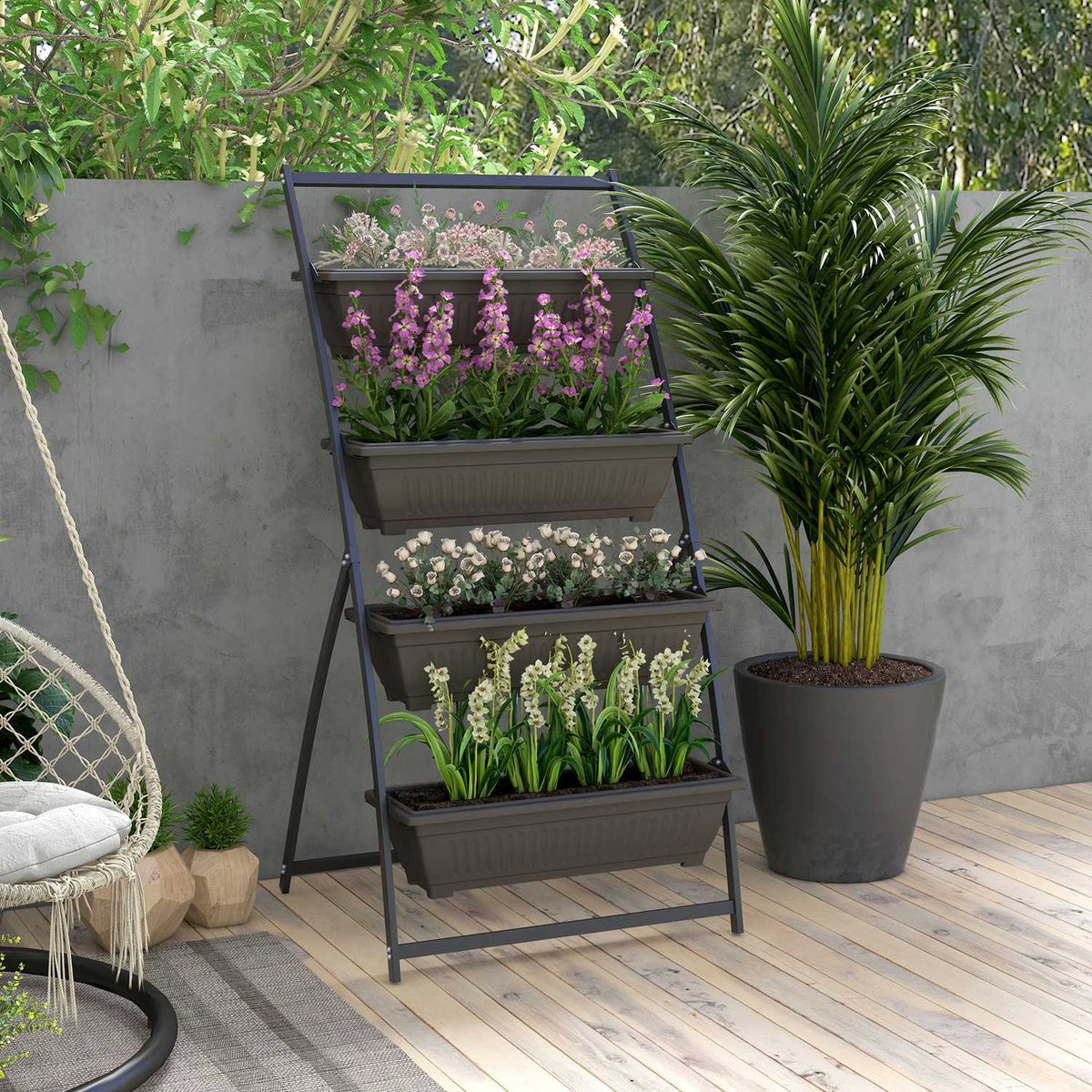 Plant Stand, Flower Stand With 4 Tiers, Plant Shelf With Holes, Plant Stairs Flower Shelf For Garden, Steel, Brown, 76 X 79 X 162Cm