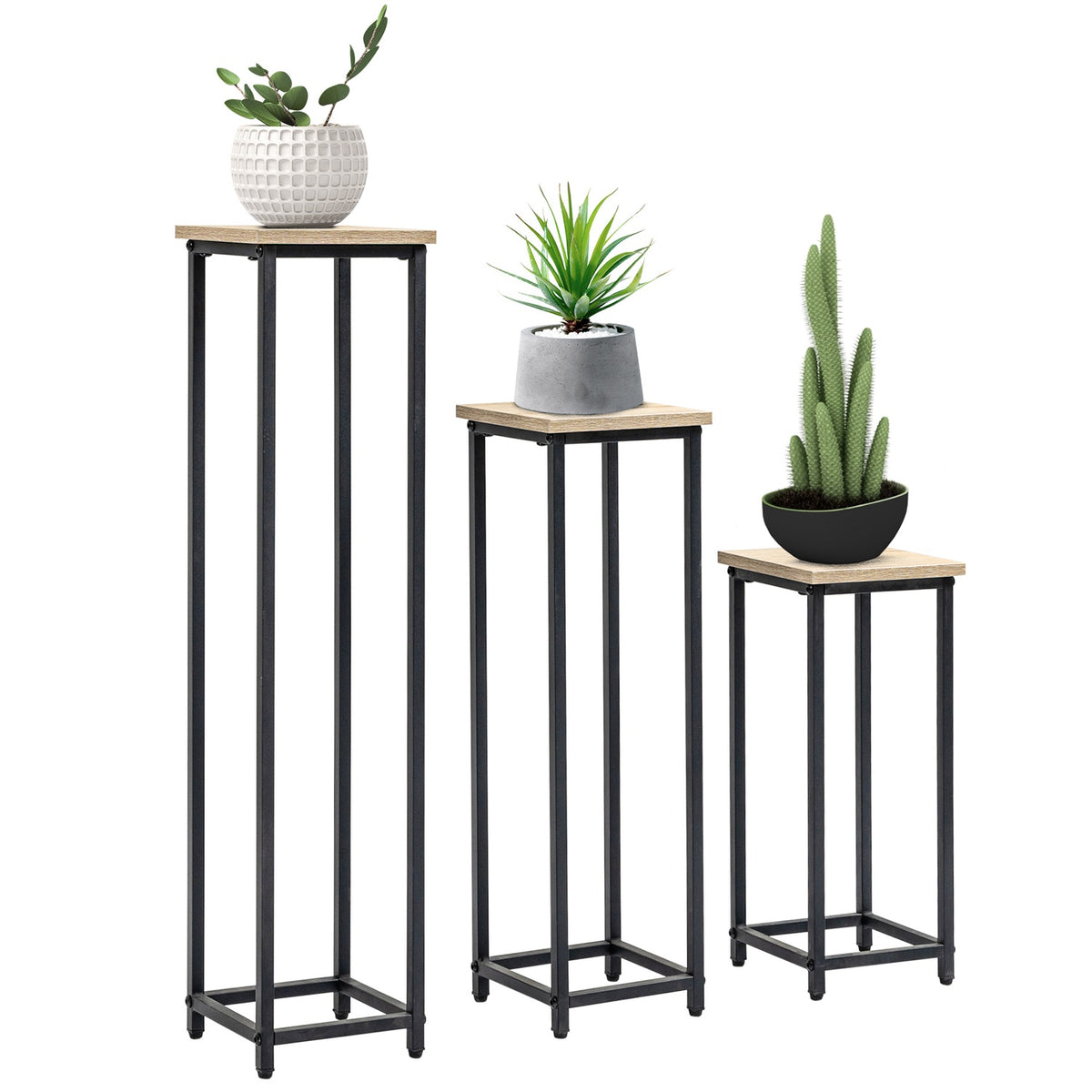 Plant Stand Set 3-Piece Flower Stool & Flower Pot Holder Made Of Steel, Black + Natural