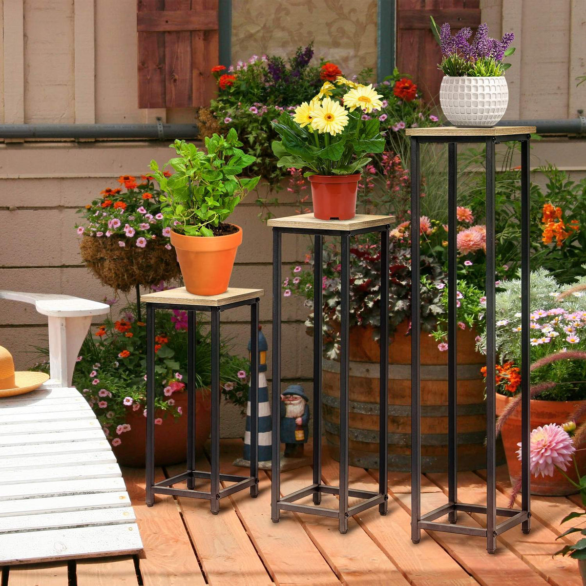Plant Stand Set 3-Piece Flower Stool & Flower Pot Holder Made Of Steel, Black + Natural