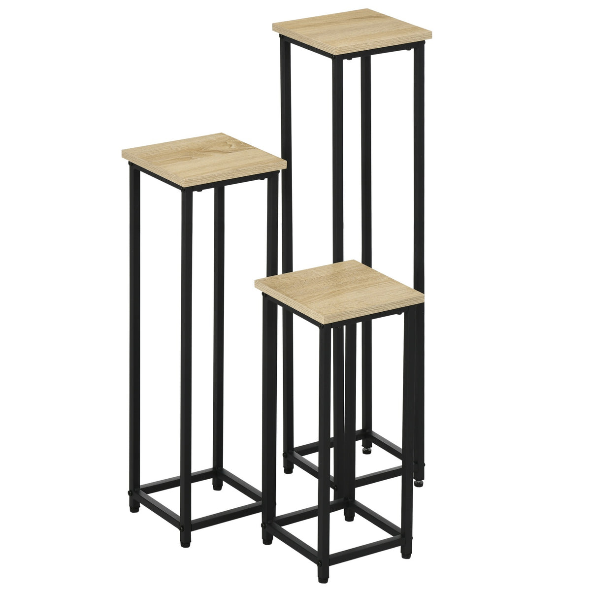 Plant Stand Set 3-Piece Flower Stool & Flower Pot Holder Made Of Steel, Black + Natural