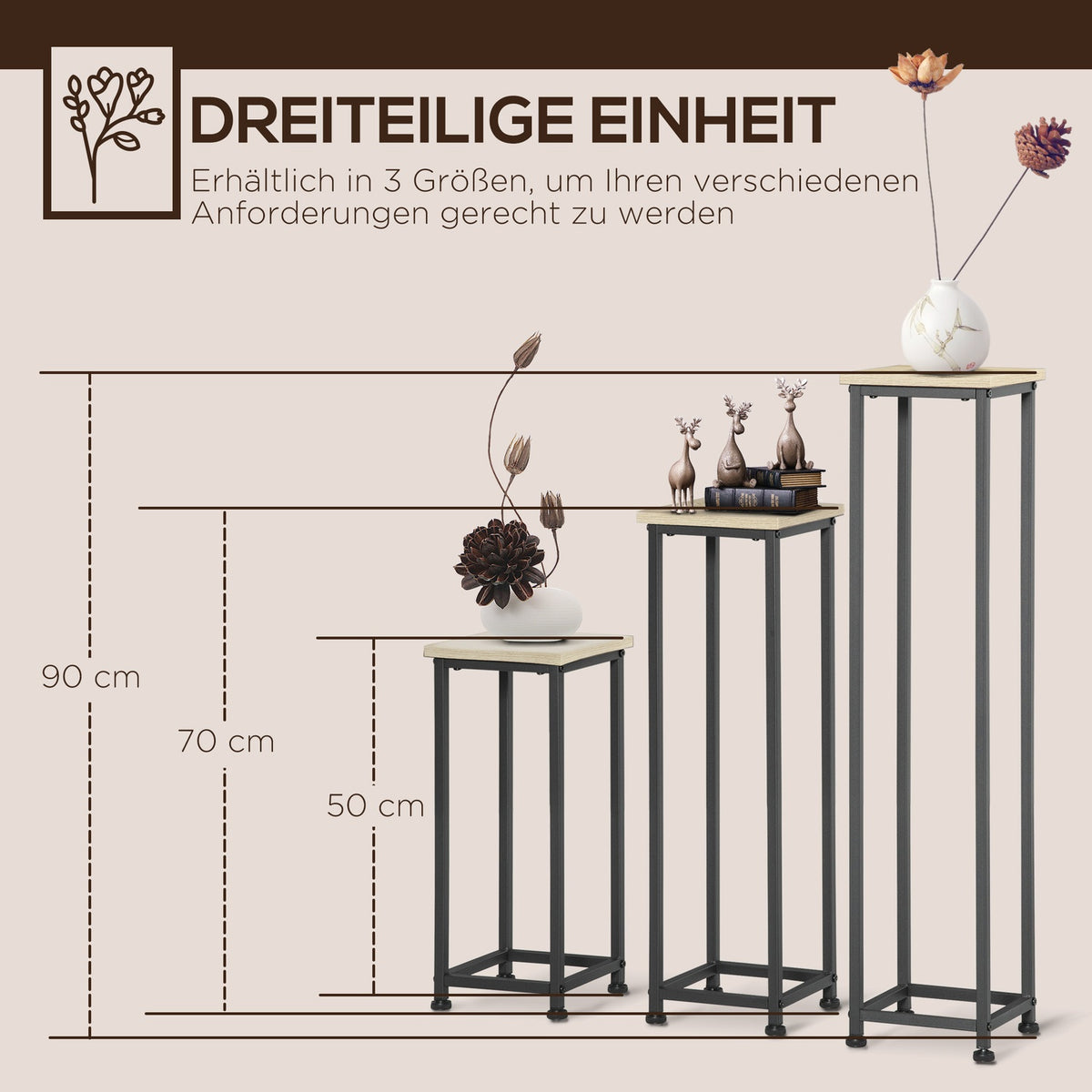 Plant Stand Set 3-Piece Flower Stool & Flower Pot Holder Made Of Steel, Black + Natural