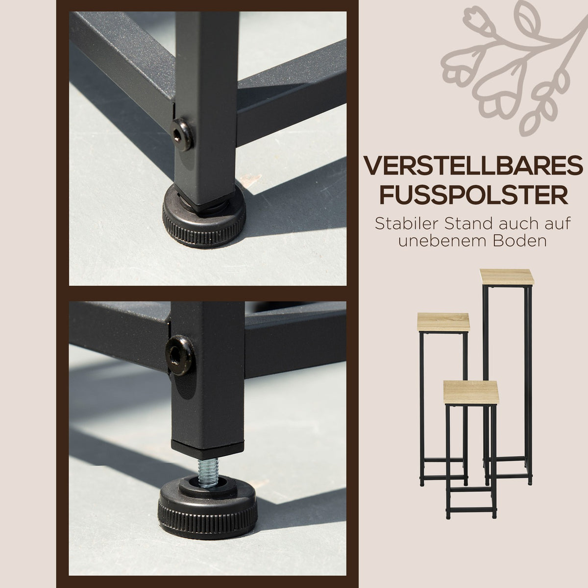 Plant Stand Set 3-Piece Flower Stool & Flower Pot Holder Made Of Steel, Black + Natural