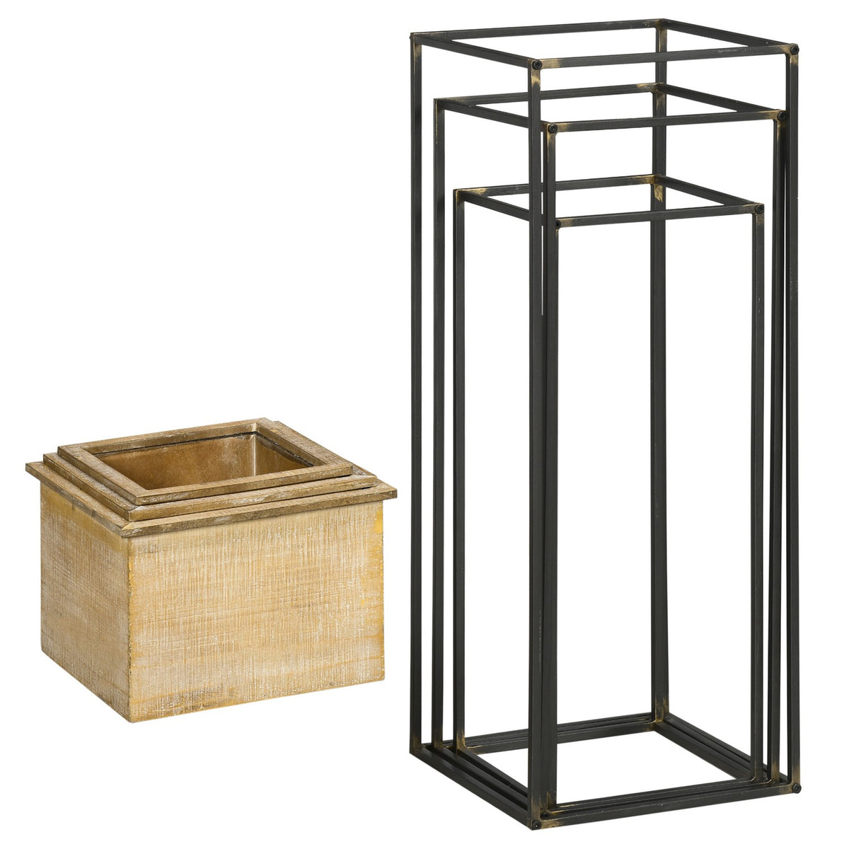 Plant Stand Set Of 3 Square Plant Stools For Decorative Flowers, Flower Boxes With Metal Legs, Fir Wood, Natural