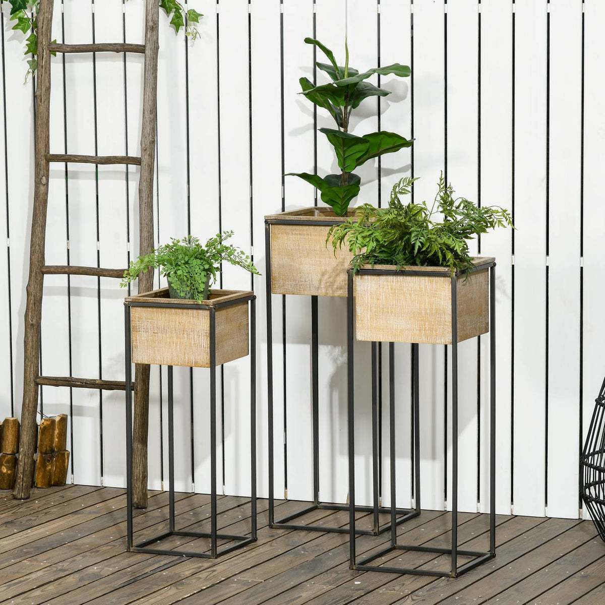 Plant Stand Set Of 3 Square Plant Stools For Decorative Flowers, Flower Boxes With Metal Legs, Fir Wood, Natural