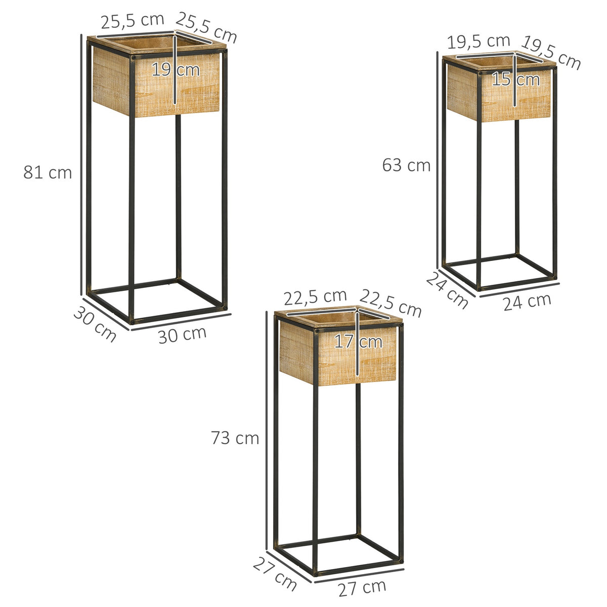 Plant Stand Set Of 3 Square Plant Stools For Decorative Flowers, Flower Boxes With Metal Legs, Fir Wood, Natural