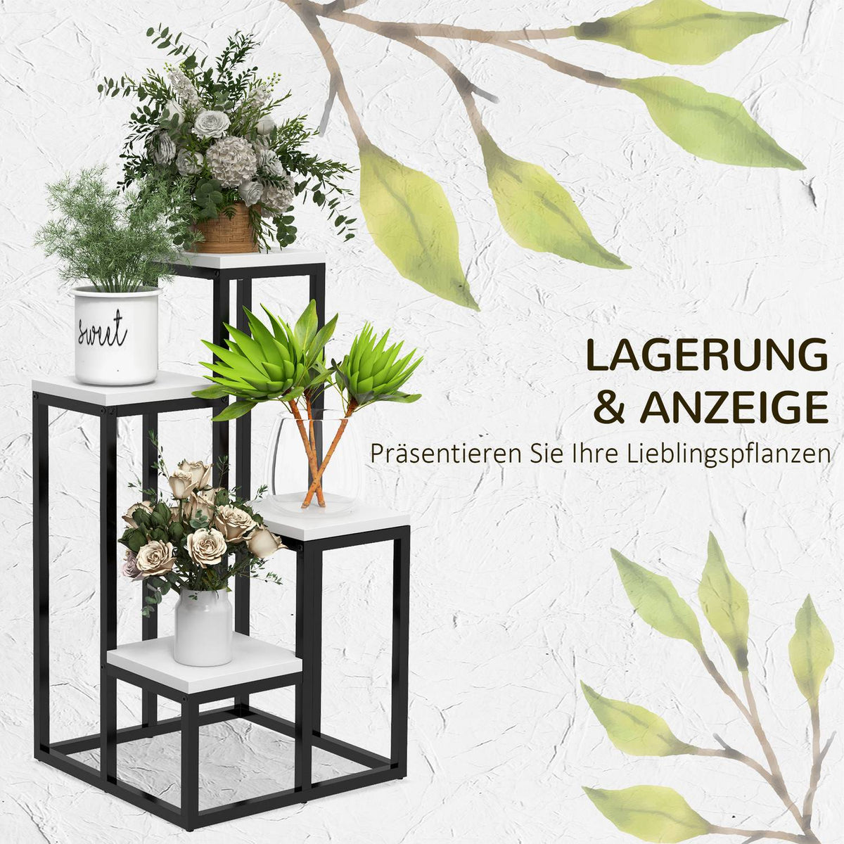 Plant Stand Steel Flower Shelf, 4 Levels, For Garden & Balcony, 34X34X70Cm, White