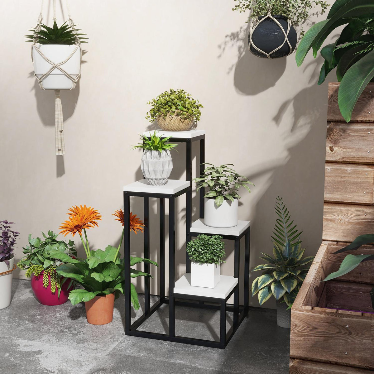 Plant Stand Steel Flower Shelf, 4 Levels, For Garden & Balcony, 34X34X70Cm, White