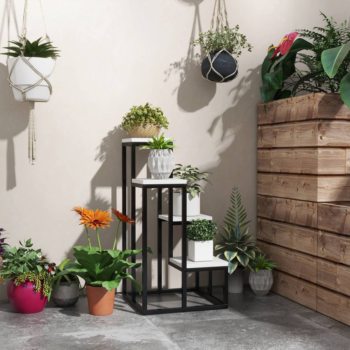 Plant Stand Steel Flower Shelf, 4 Levels, For Garden & Balcony, 34X34X70Cm, White