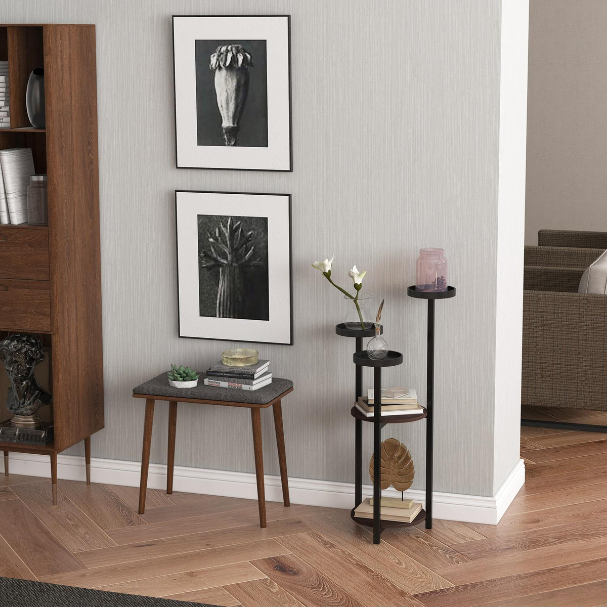 Plant Stand Wooden Flower Shelf, 5 Levels, For Garden & Balcony, 28X28X87Cm, Brown