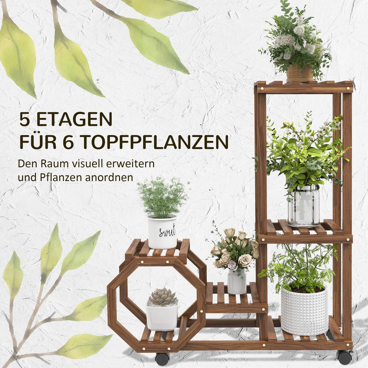 Plant Stand Wooden Flower Shelf With Wheels, 5 Levels, For Garden & Balcony, Charred