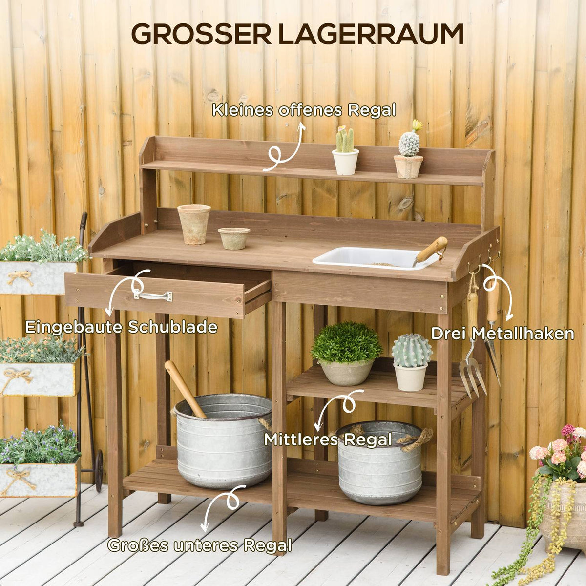Plant Table Garden Table Flower Table With Tub Garden Fir Wood Brown 117 X 45 X 121 Cm