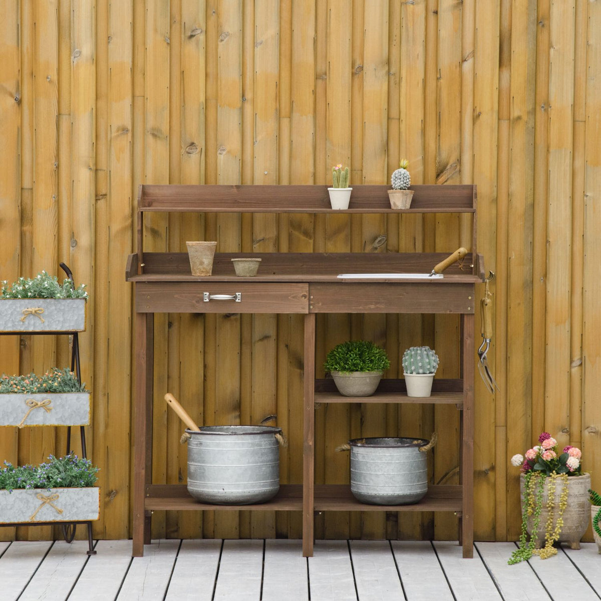 Plant Table Garden Table Flower Table With Tub Garden Fir Wood Brown 117 X 45 X 121 Cm