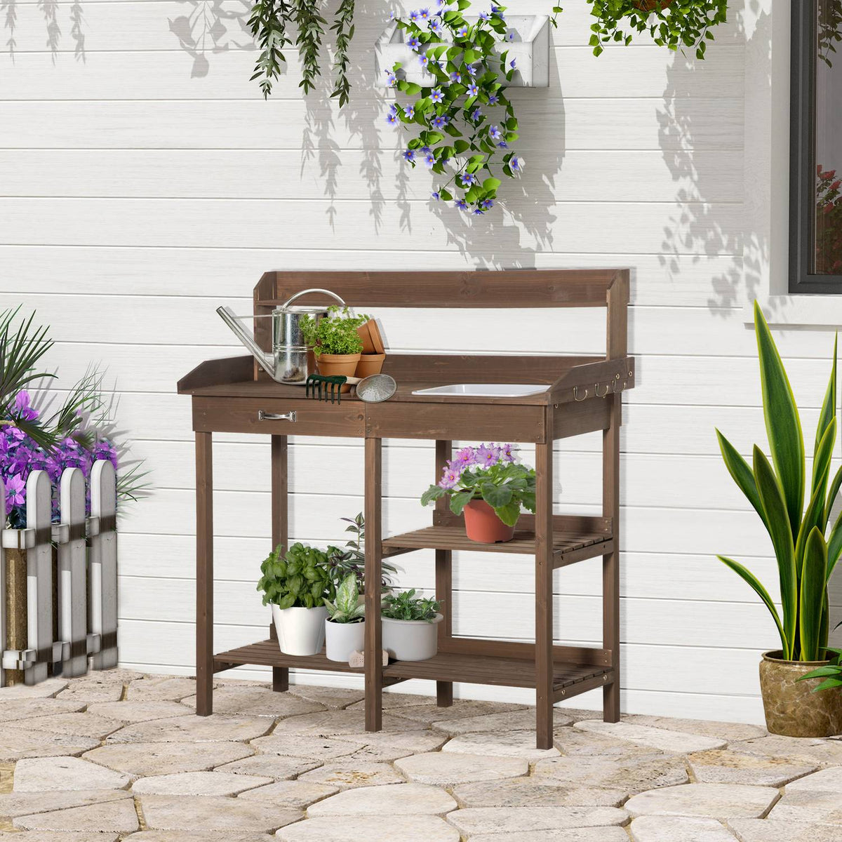 Plant Table Garden Table Flower Table With Tub Garden Fir Wood Brown 117 X 45 X 121 Cm