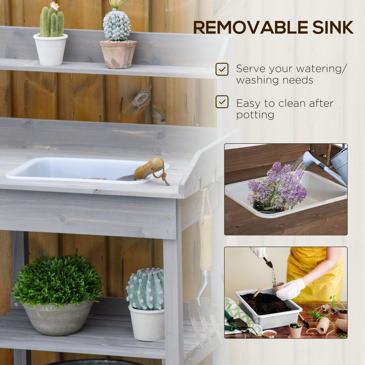 Plant Table Garden Table Flower Table With Tub Garden Fir Wood Gray 117 X 45 X 121 Cm
