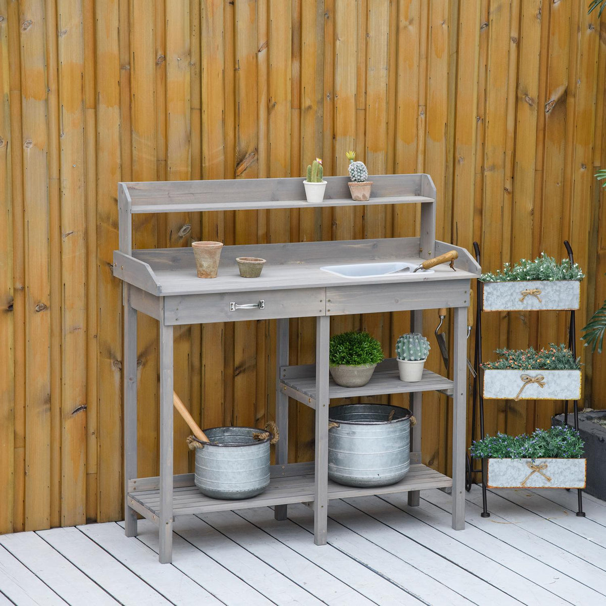 Plant Table Garden Table Flower Table With Tub Garden Fir Wood Gray 117 X 45 X 121 Cm