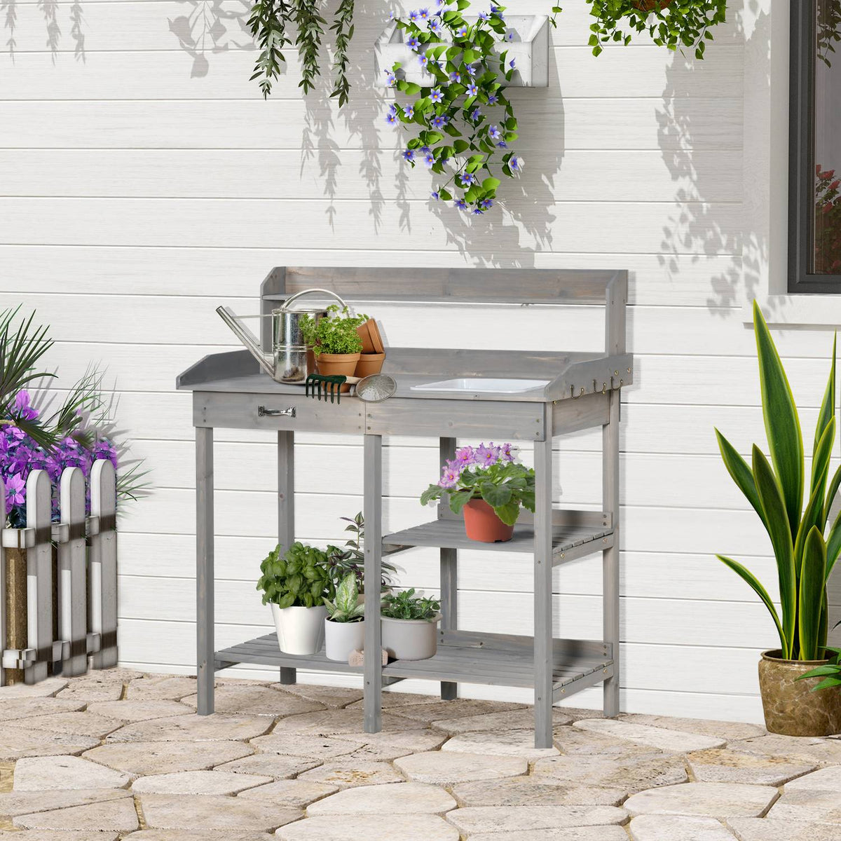 Plant Table Garden Table Flower Table With Tub Garden Fir Wood Gray 117 X 45 X 121 Cm