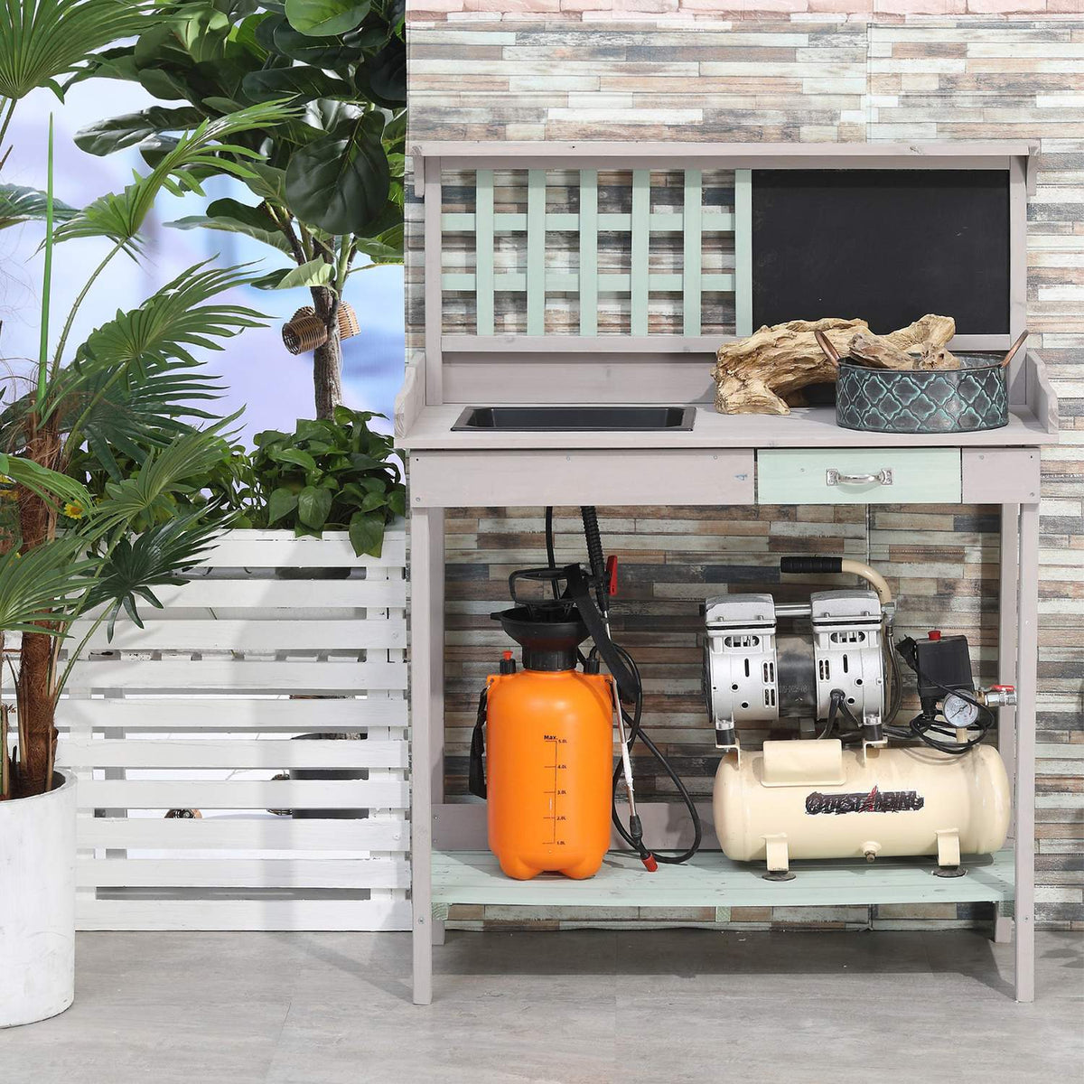 Plant Table Garden Table Garden Table Flower Table With Drawer And Tray For The Garden Fir Wood Mint Green + Gray 92 X 42.5 X 119.5 Cm